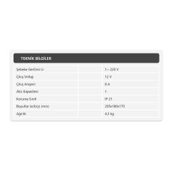 BC1208 Demiriz Tek Akü Şarj Cihazı 8A Redresörü (Çıkış Sigortalı)