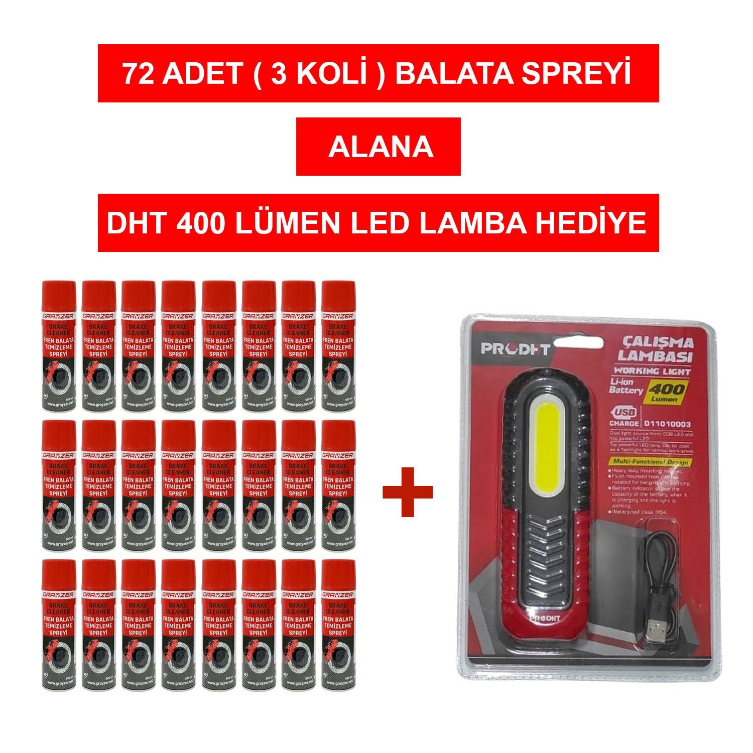 Grayzer Fren Balata Temizleme Spreyi 500 ML (3 Koli 72 adet) Alana Led Lamba Hediye