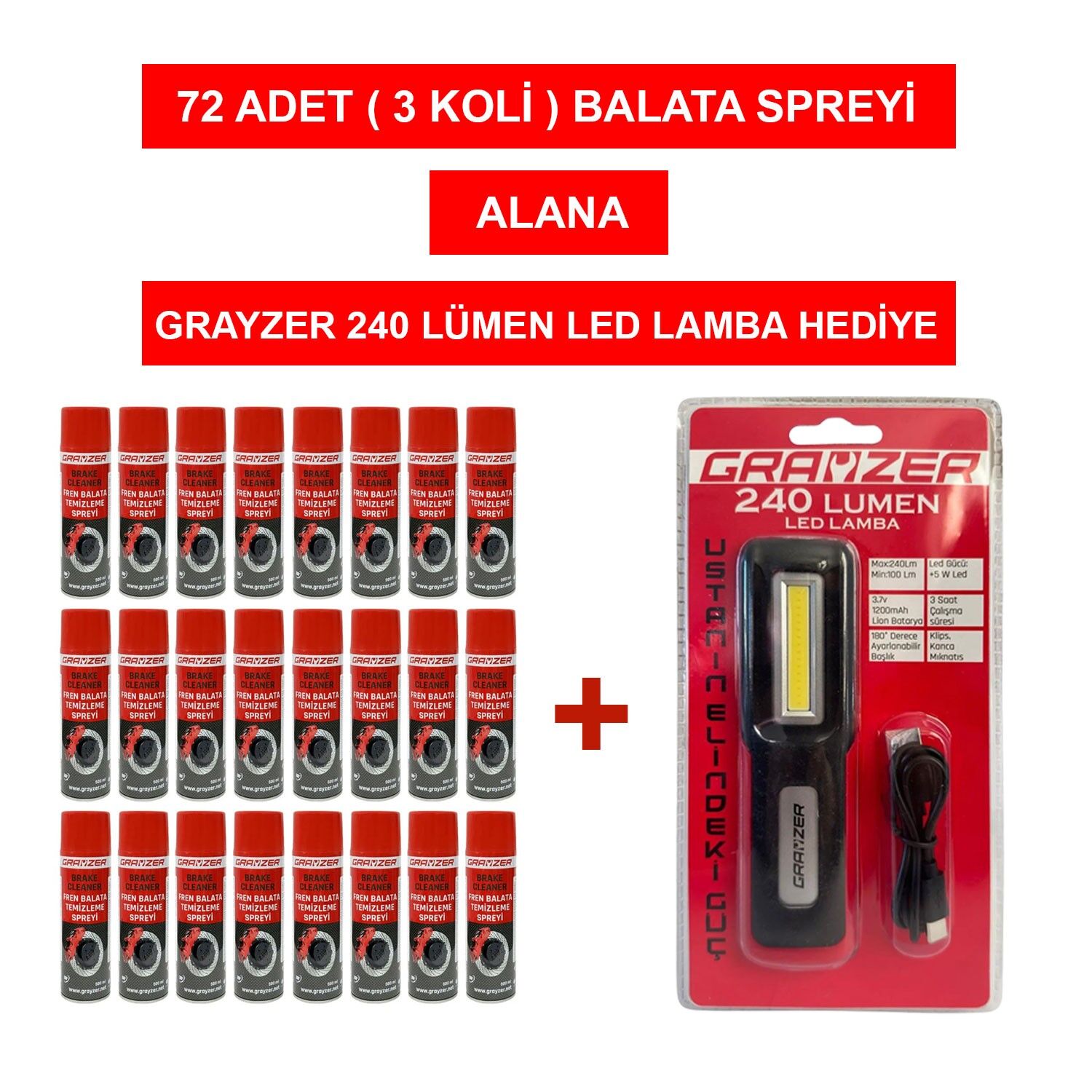 Grayzer Fren Balata Temizleme Spreyi 500 ML (3 Koli 72 adet) Alana Led Lamba Hediye